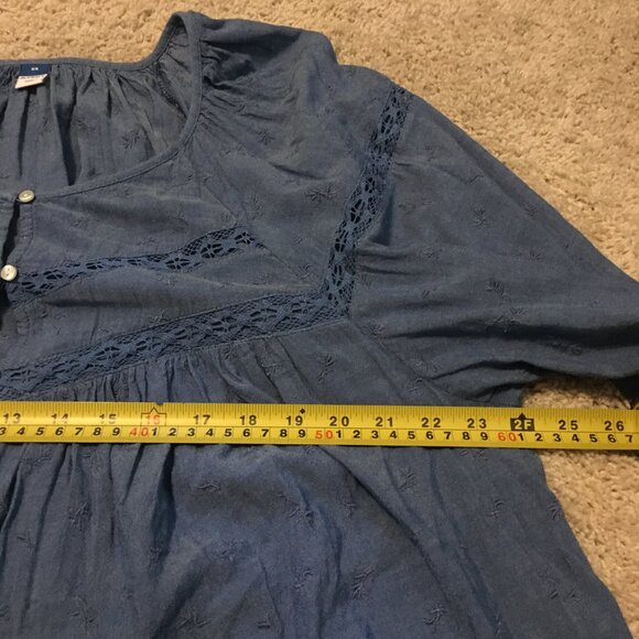 Blue Plentiful Pleats Billowing Sleeve Lace and Floral Texture Button Up Blouse - Picture 11 of 16